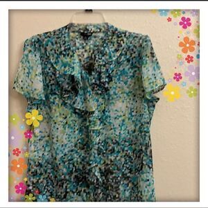 East 5th button down ruffled front shirt!! A mix of colors of blues, greens!!!